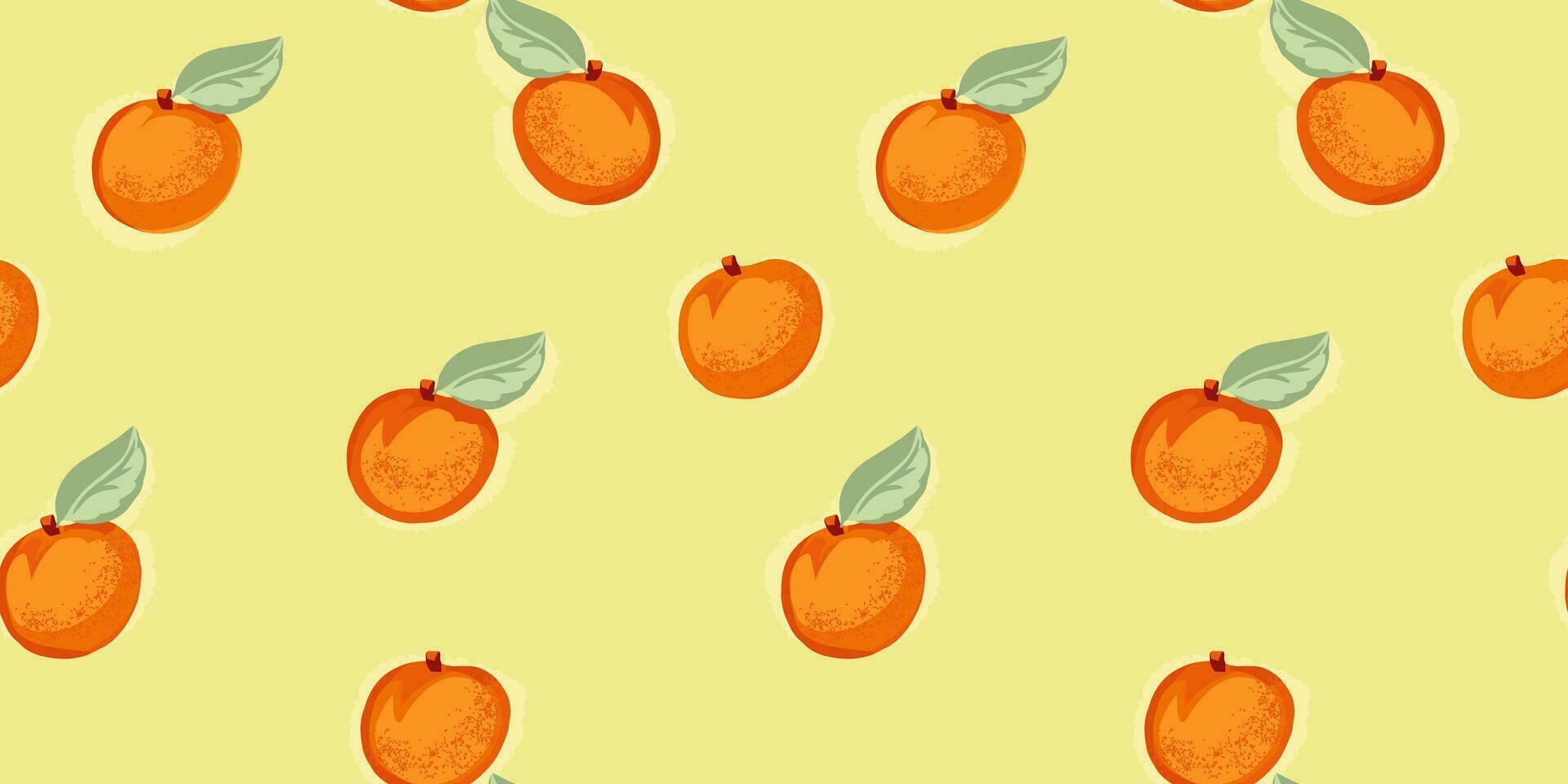 creativo brillante naranja albaricoque o melocotón sin costura modelo en un amarillo antecedentes. vector mano dibujado bosquejo garabatear. verano frutas ilustración para impresión. modelo para diseño, textil, Moda