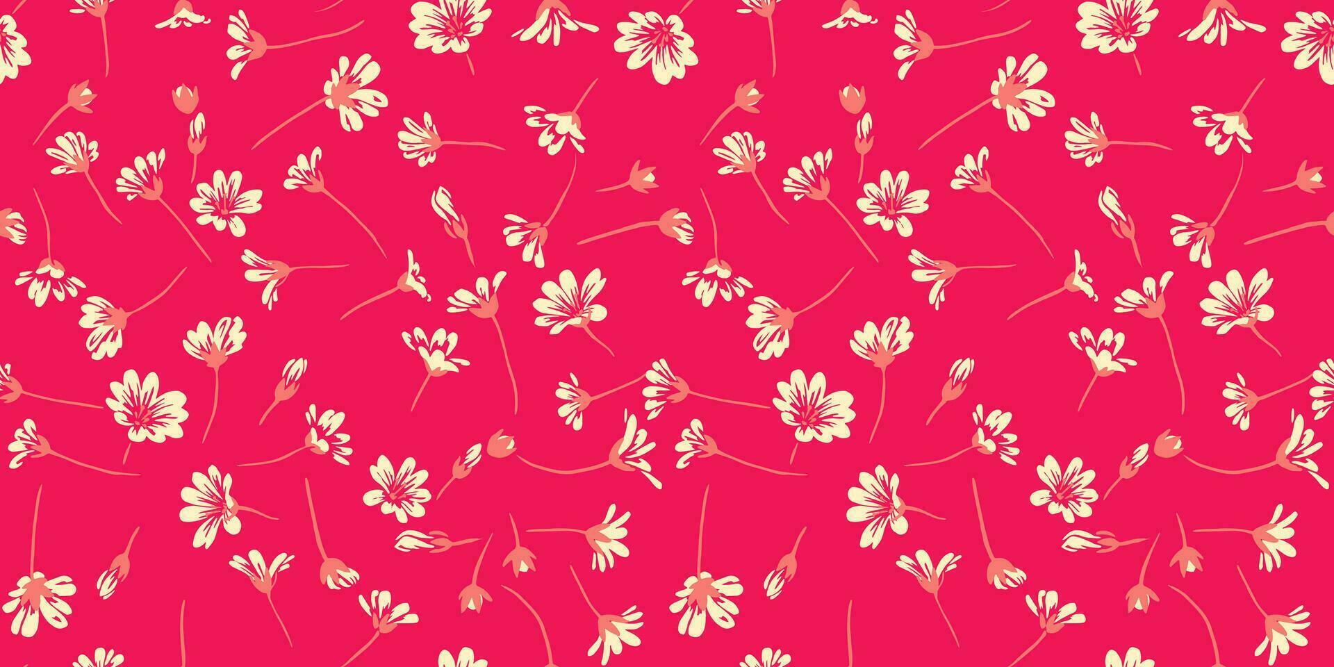 Seamless, artistic, abstract flowers pattern on a red background. Vector hand drawn tiny, ditsy, daisy floral print.  Design for fabric, fashion, interior decor, textile, wallpaper