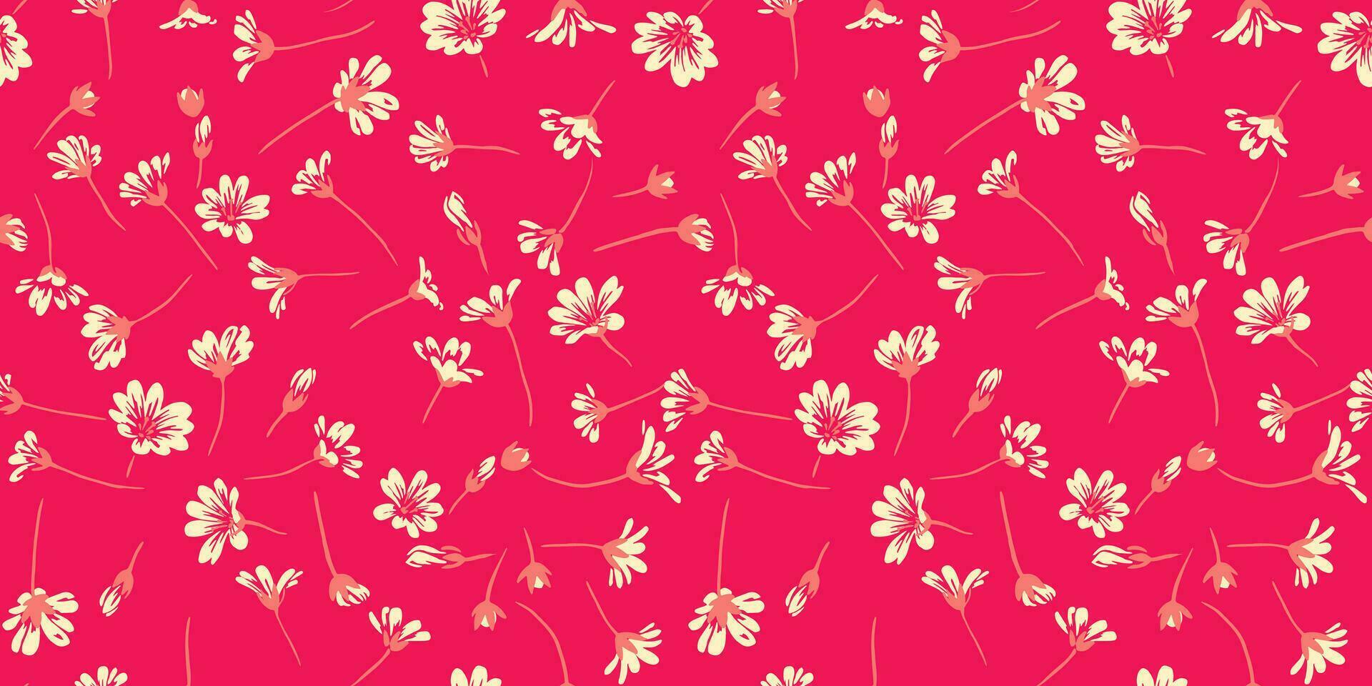 sin costura, artístico, resumen flores modelo en un rojo antecedentes. vector mano dibujado diminuto, tonto, margarita floral impresión. diseño para tela, moda, interior decoración, textil, fondo de pantalla