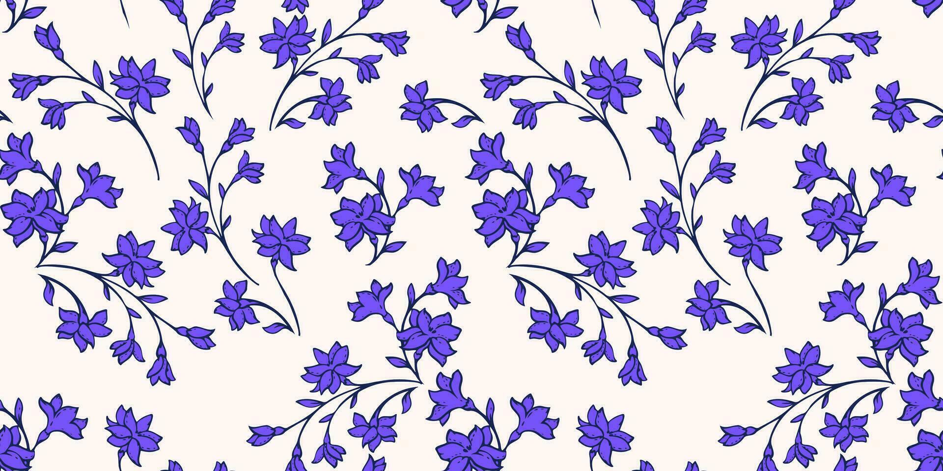 Elegant, gentle, blue, branches flowers seamless pattern. Vector hand drawn. Stylized wild ditsy wild  floral print. Template for design