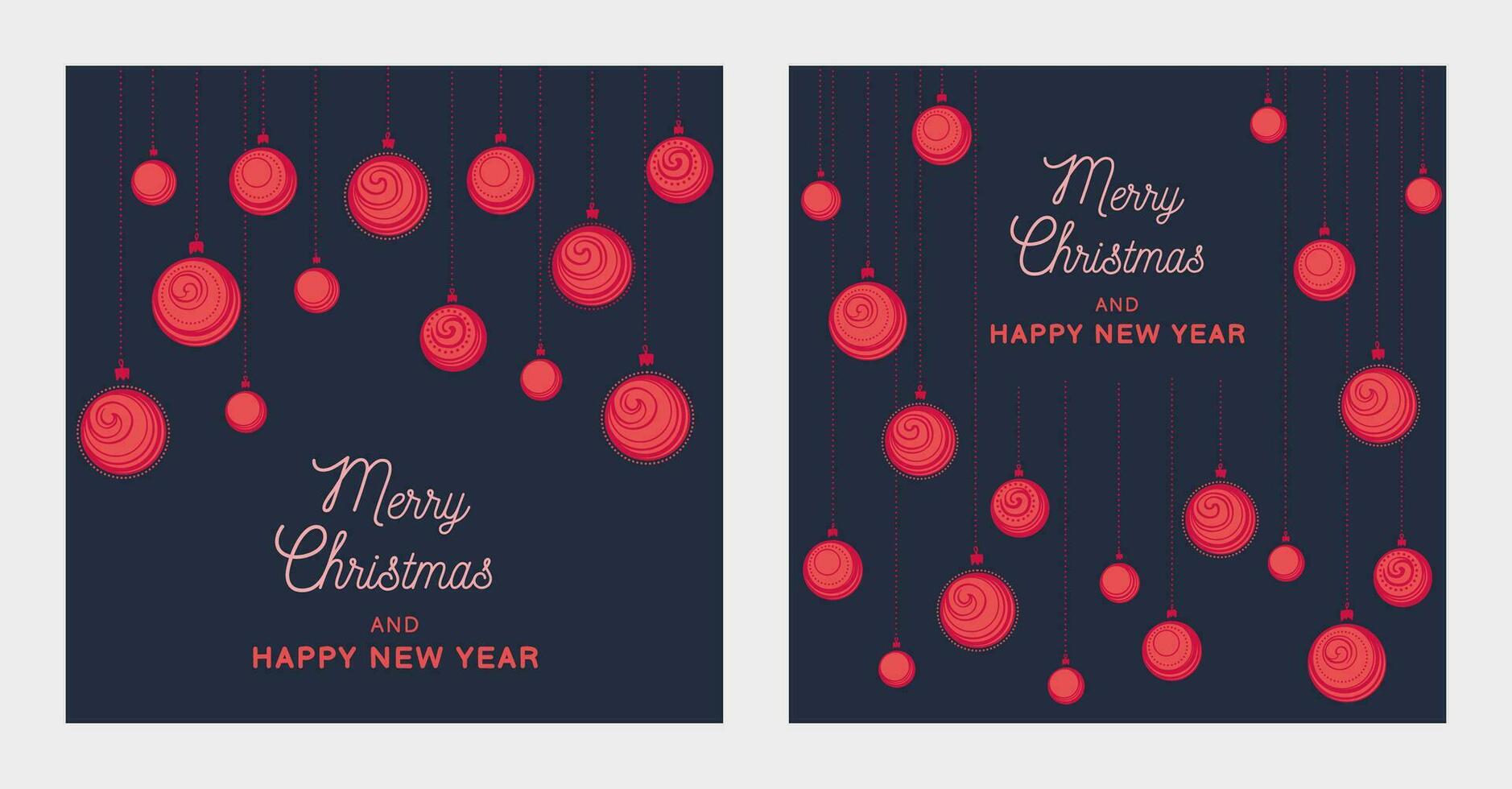 Set universal Christmas, New Year cards with vector hand drawn Xmas balls. Frame with copy space. Template of printing, poster, corporate invitation, greeting cards