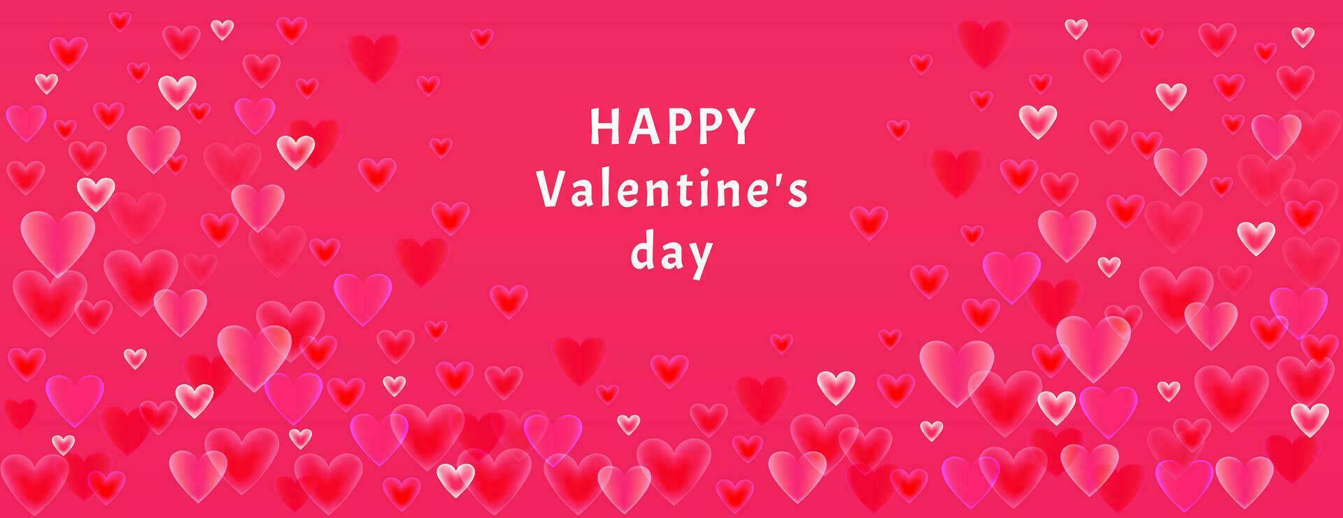 Bright banner happy Valentines day fon. Vector illustration glowing, shine, smooth, smoke hearts on a red background. Horizontal border with copy space. Suitable for email header, post