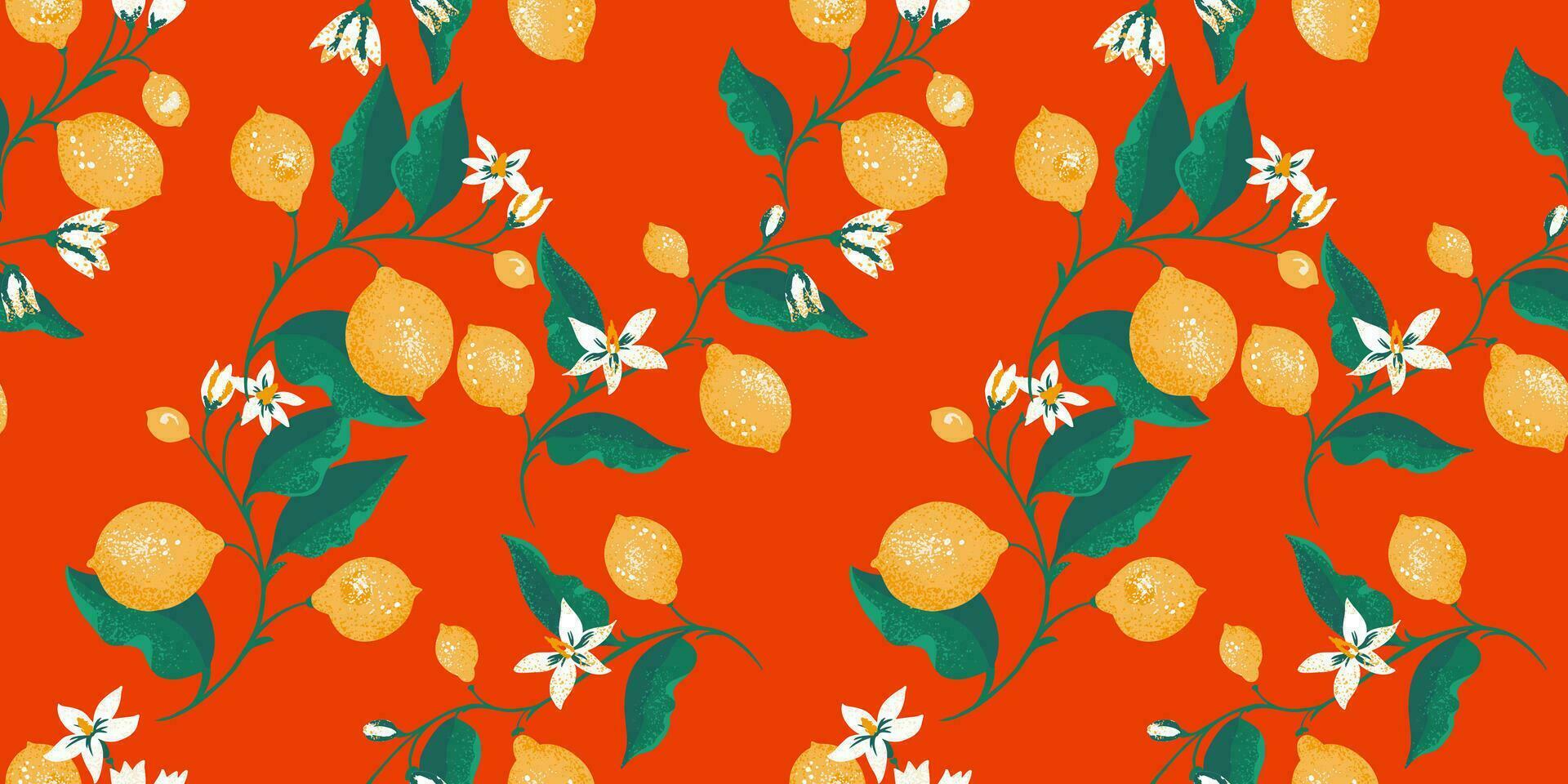 creativo, estilizado ramas hojas con limón, Lima y flores sin costura modelo. vector mano dibujado. vistoso tropical floral vástago impresión. verano ilustración frutas para impresión en un rojo antecedentes.