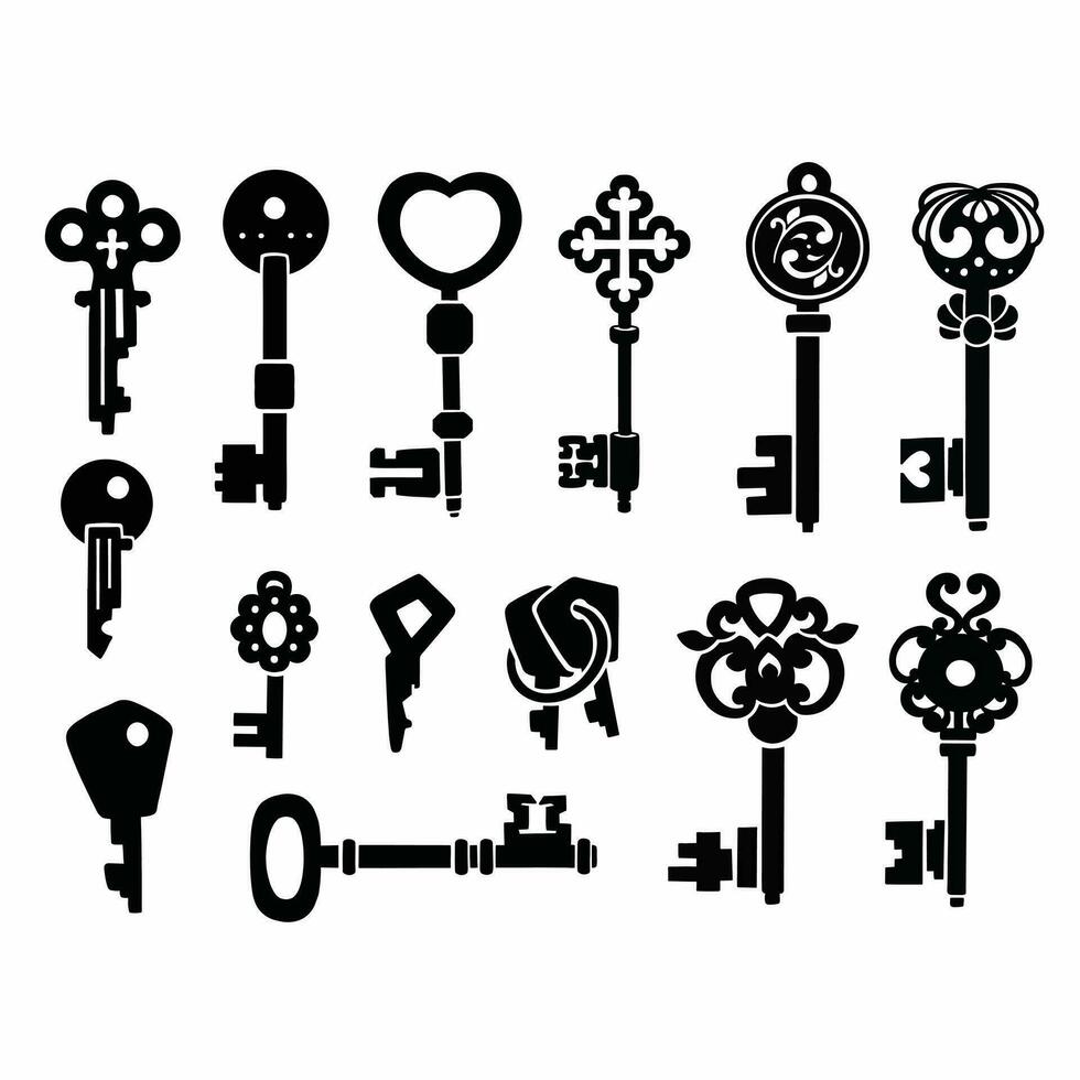 set of Silhouette of technological door key, symbol, vector illustration
