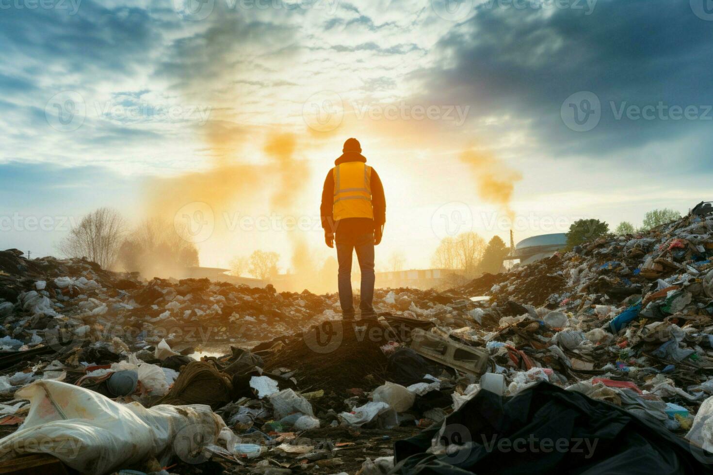 AI generated Eco crisis Engineer stands near a large pile of degraded waste photo