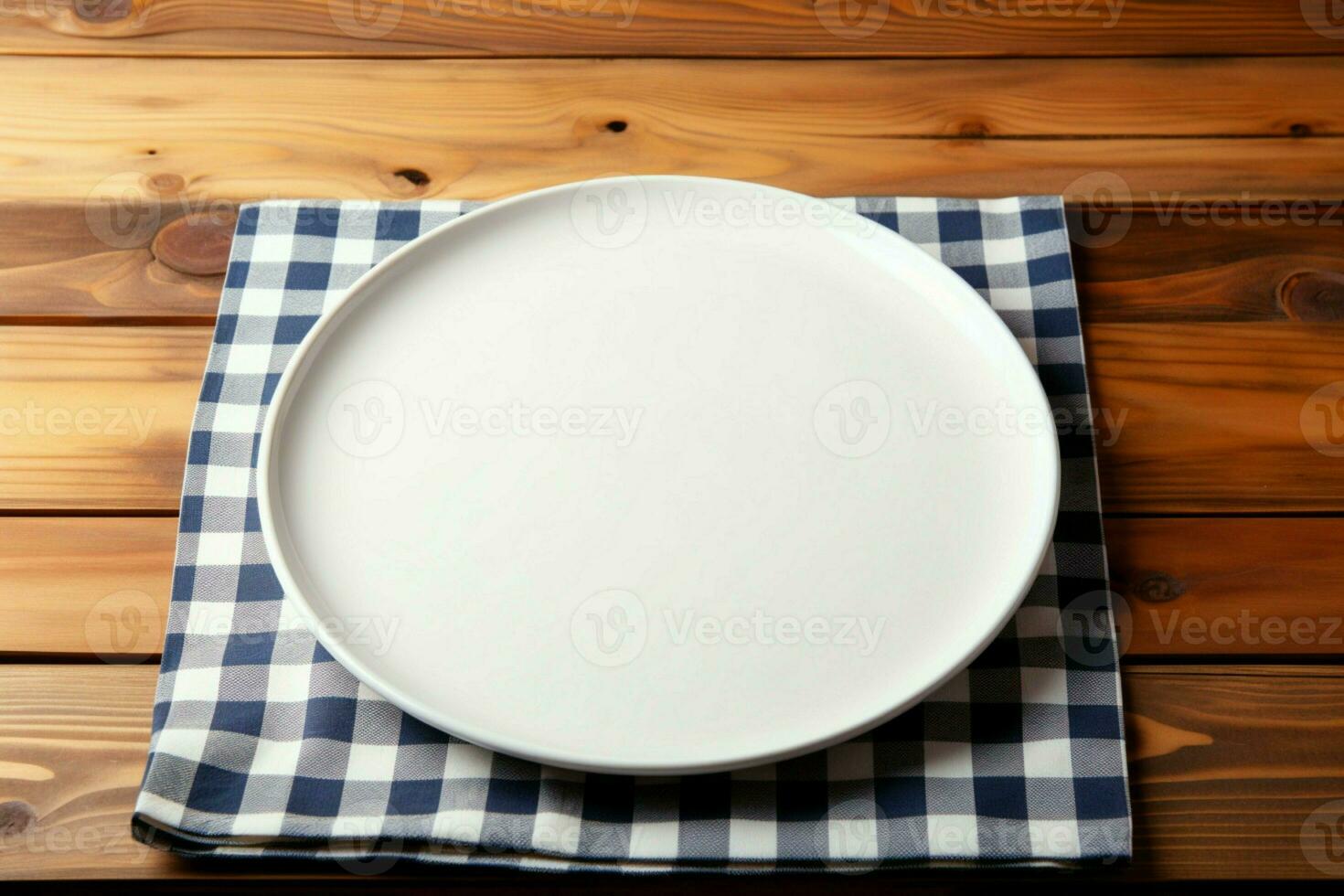 AI generated Minimalist setting White plate tray on wooden tablecloth, top view photo