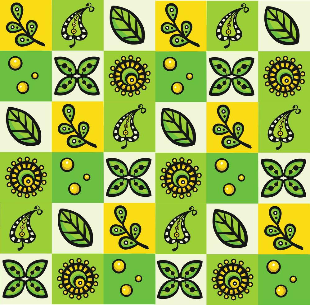 bright geometric pattern with flowers, green, vector illustration