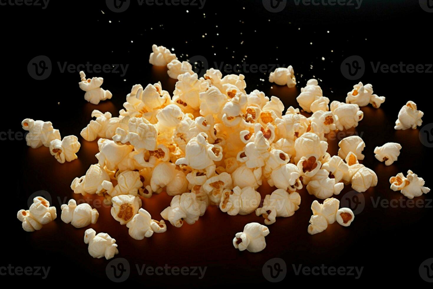 AI generated Isolated popcorn on black background, capturing the falling or flying photo