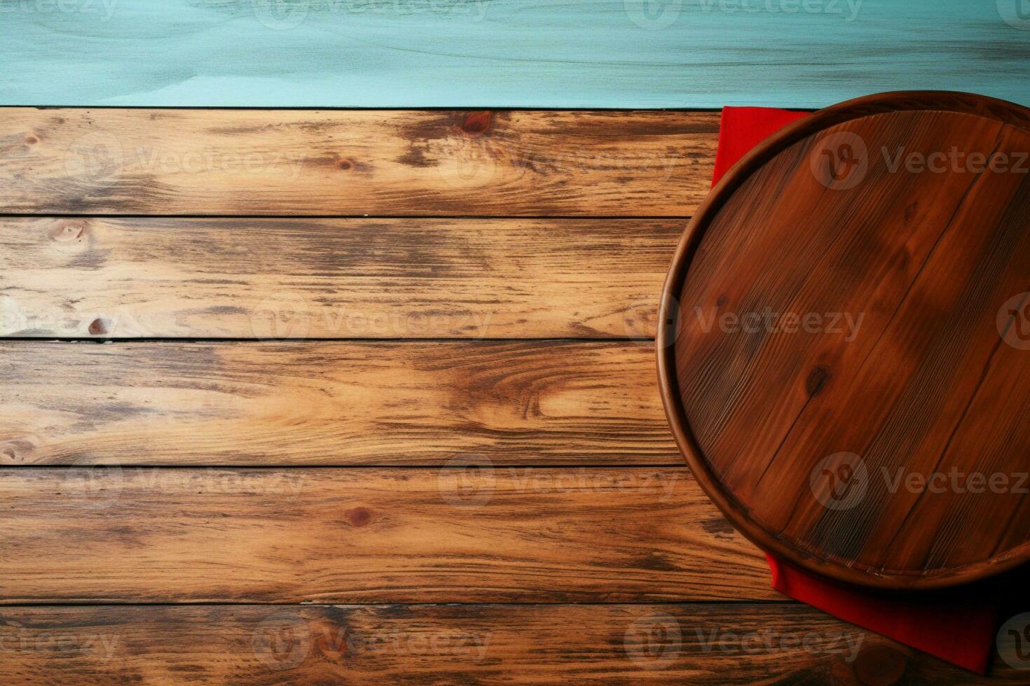 AI generated Top view of empty wooden table, tablecloth, space for creativity photo