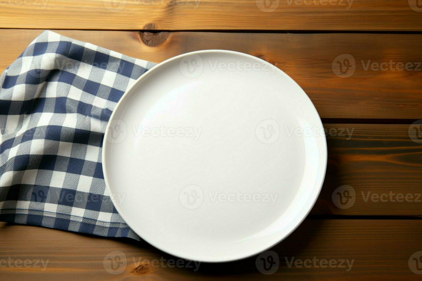 AI generated Top view of empty wooden table, tablecloth, space for creativity photo