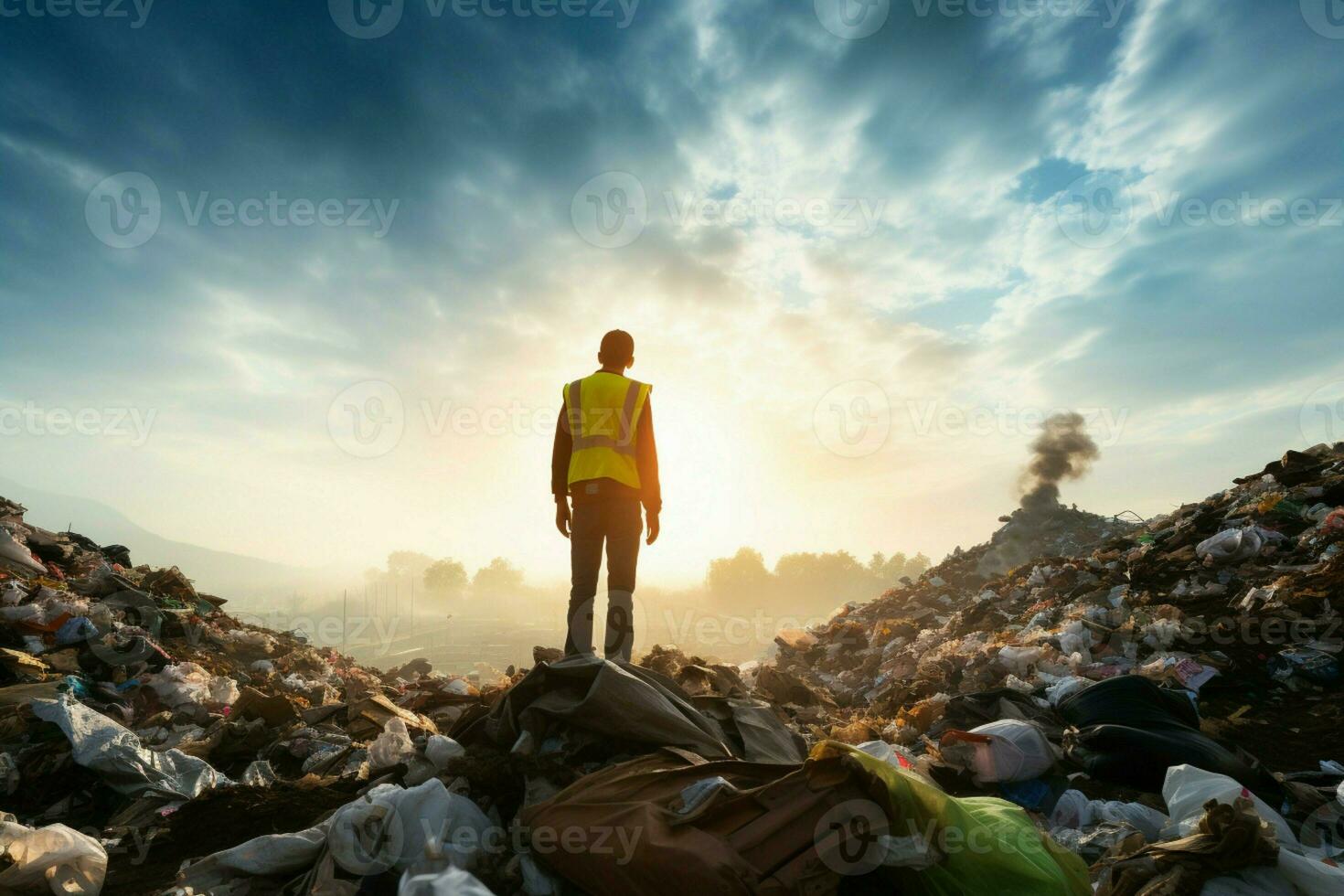 AI generated Ecological engineer confronts a mountain of degraded waste and garbage photo