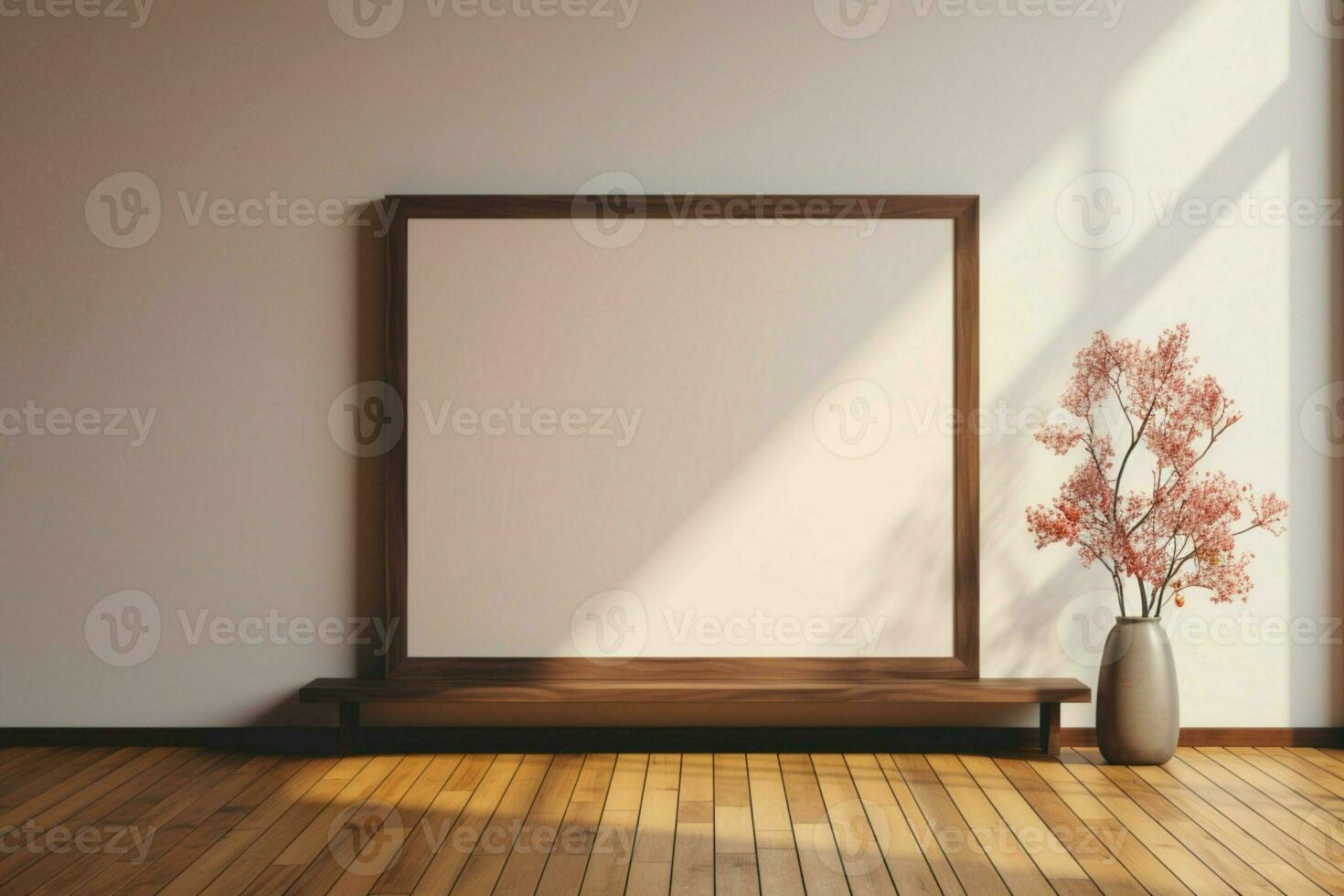 AI generated Creative composition Mockup with wooden frame on parquet floor, 3D photo