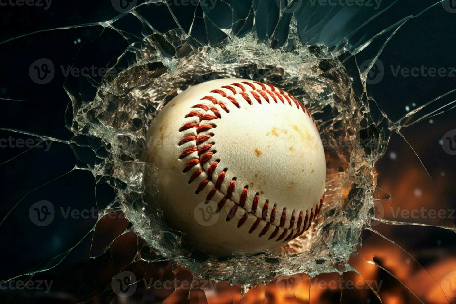 ai generado dinámica diseño elemento béisbol rotura mediante un destrozado ventana foto