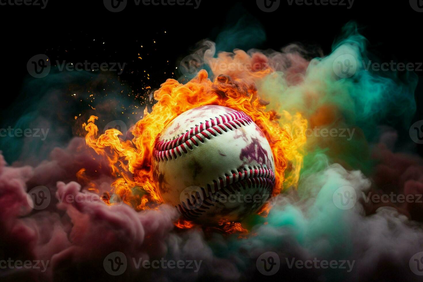 AI generated Dramatic flair Colorful baseball pops against a smoky and mysterious setting photo