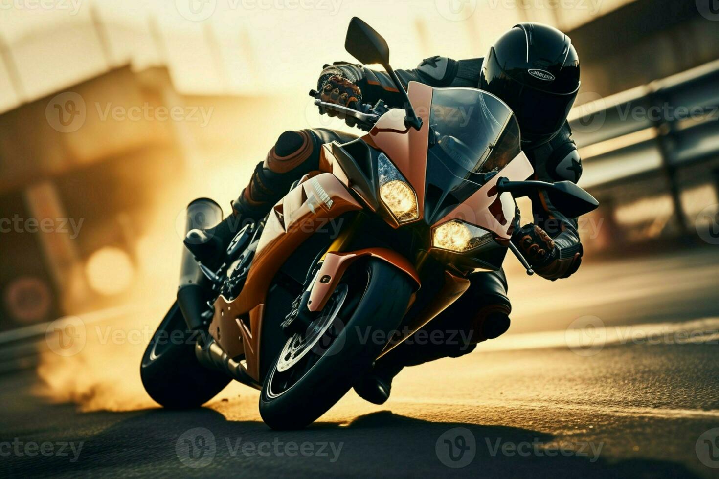 AI generated Extreme racing Motorcycle racer on an urban race track close up photo