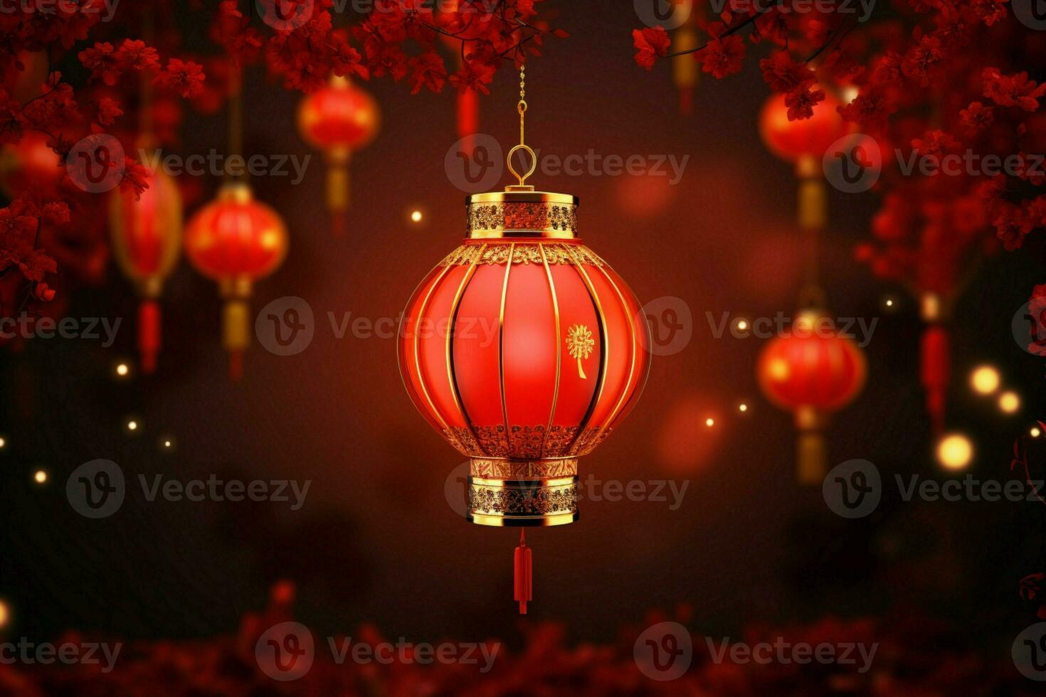 AI generated Serene 3D banner Chinese New Year, hanging lantern, festive ambiance photo