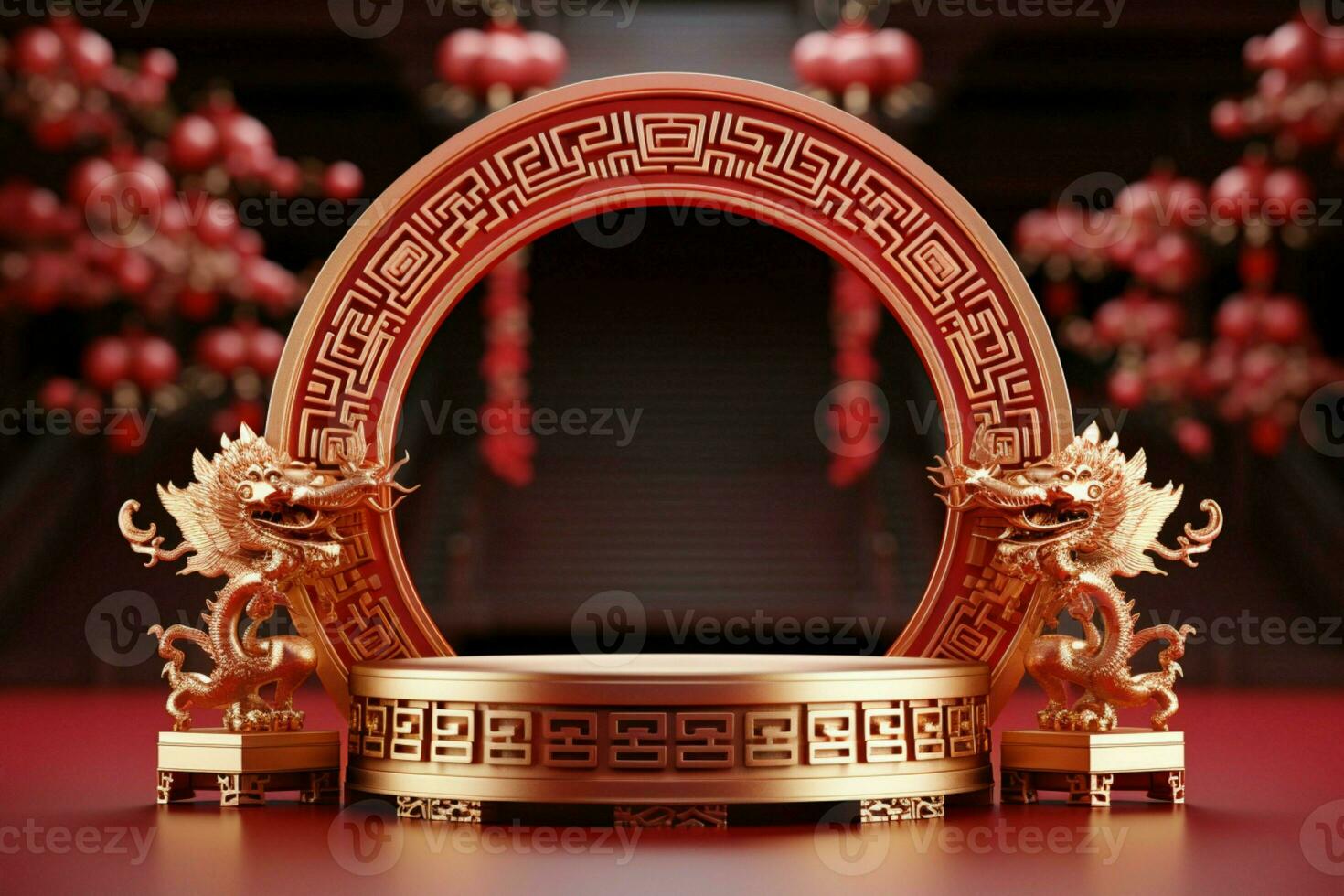 AI generated Opulent 3D rendering Round stage podium, Chinese New Year celebration photo