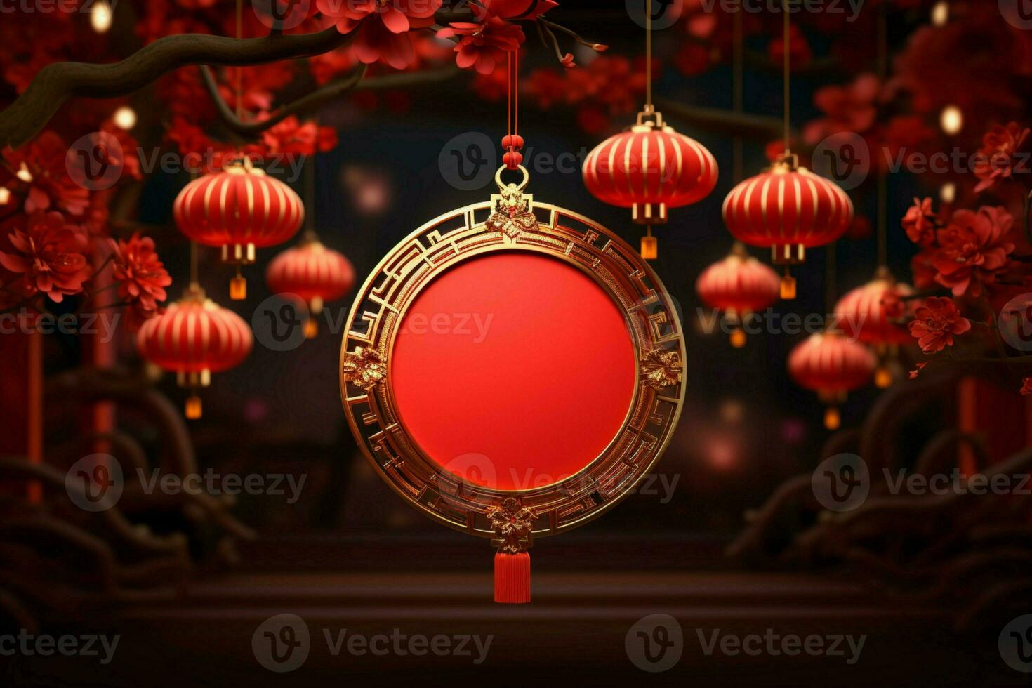 ai generado sereno 3d bandera chino nuevo año, colgando linterna, festivo ambiente foto