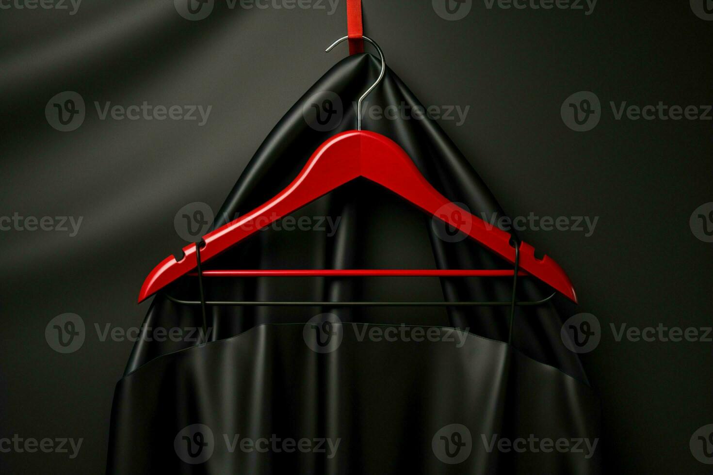 AI generated Sleek black hanger, blank red tag on smooth, wavy cloth photo