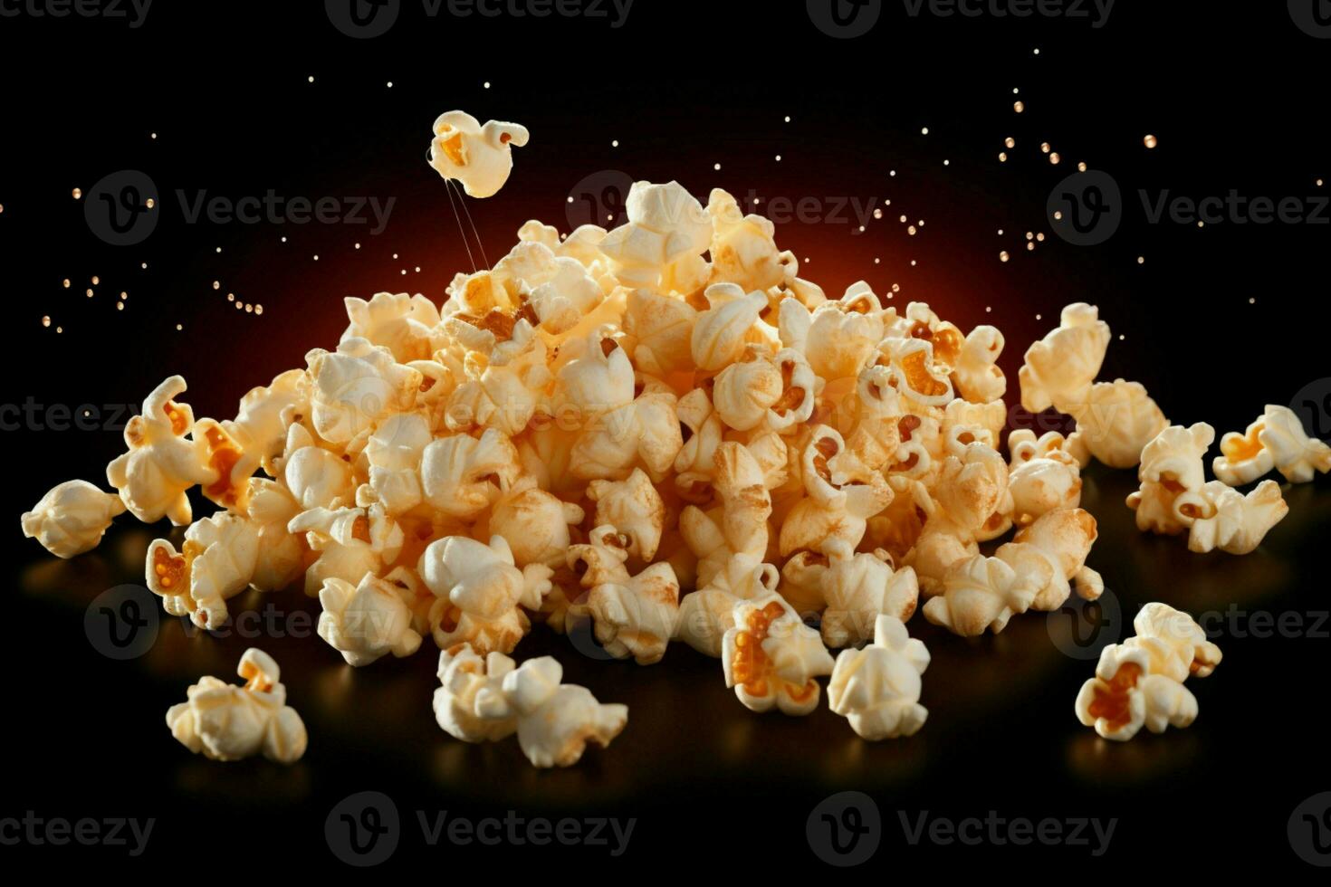 AI generated Flying delight Popcorn isolated on black background, close up snapshot photo