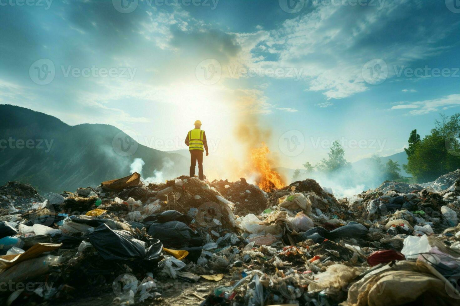 AI generated Ecological engineer confronts a mountain of degraded waste and garbage photo