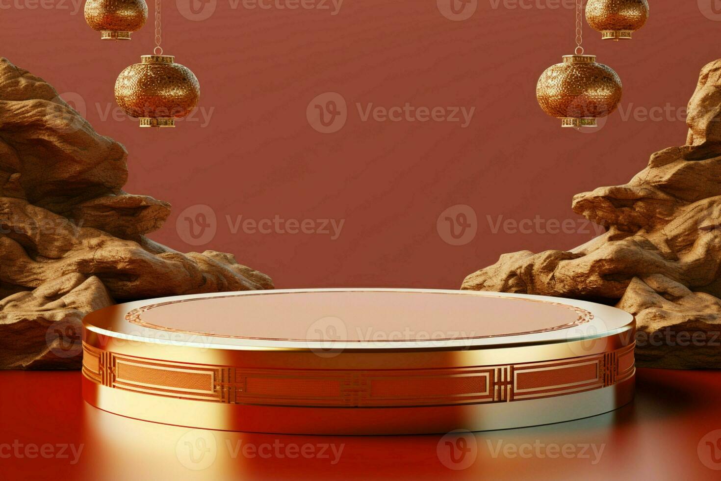 AI generated Modern 3D Chinese New Year banner smartphone, lantern, festive celebration photo