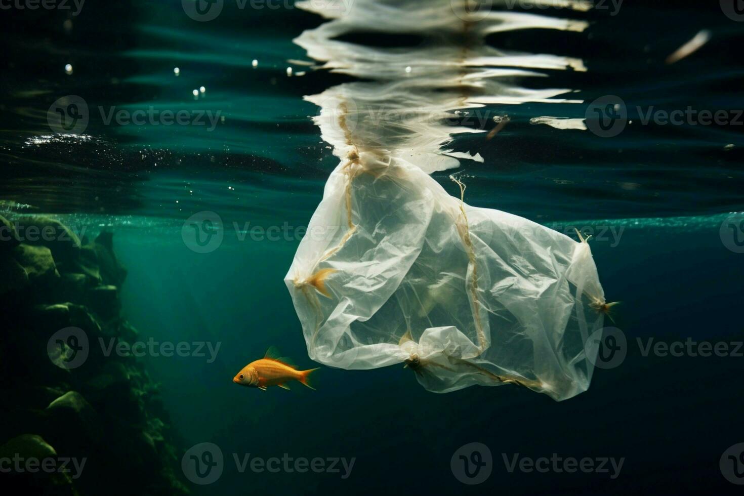 AI generated Marine pollution Plastic bag detrimentally submerged beneath the sea photo