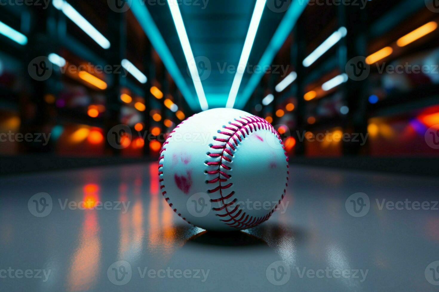 AI generated Neon excitement Softball takes center stage with vibrant ceiling lights photo