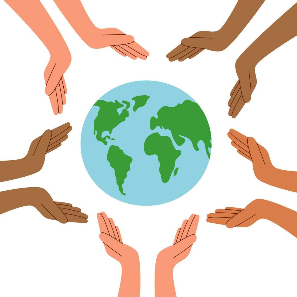 Human hands of different skin tones support the planet. vector