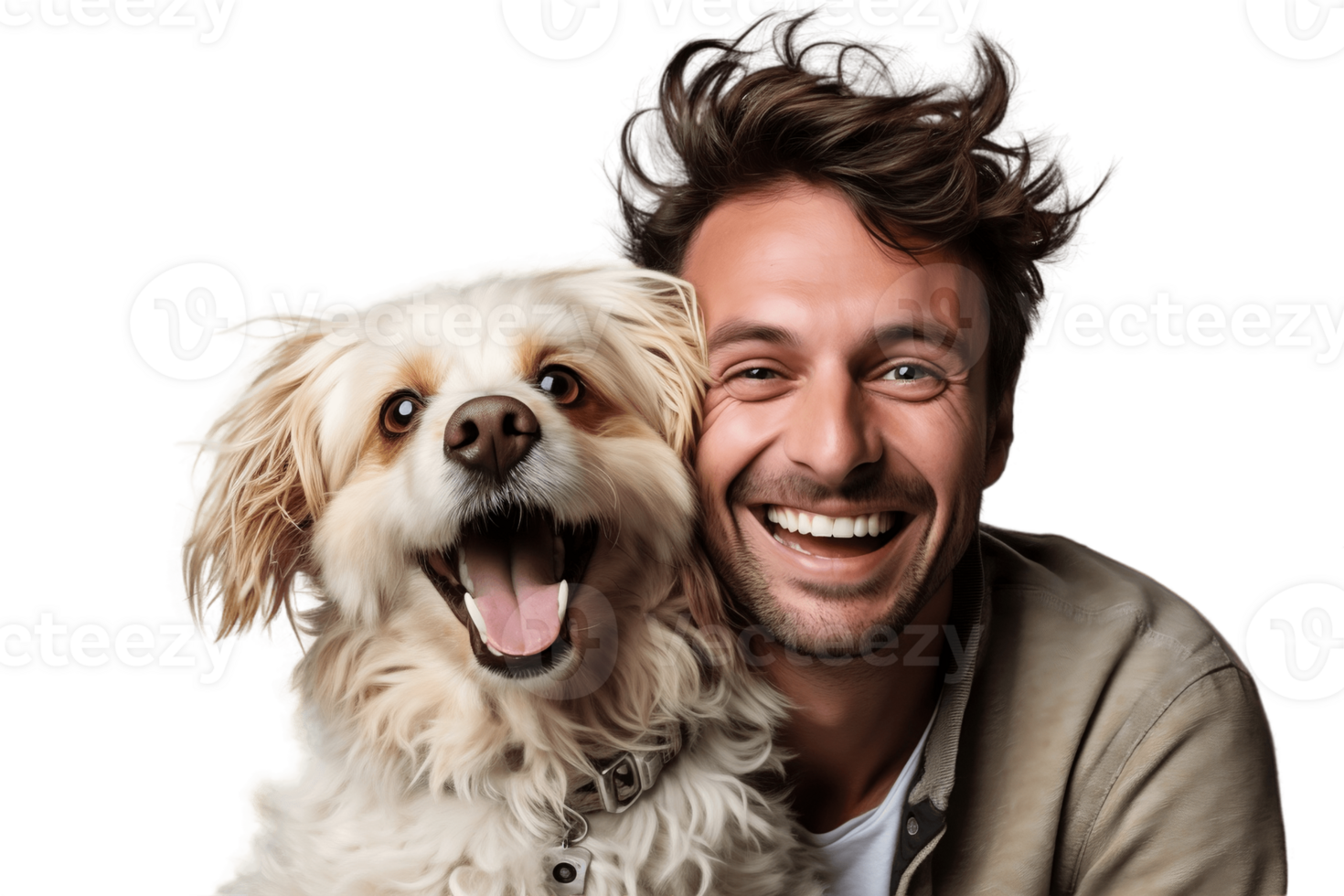 AI generated Happy Man and Pet Dog Face Shot Isolated on Transparent Background. AI png