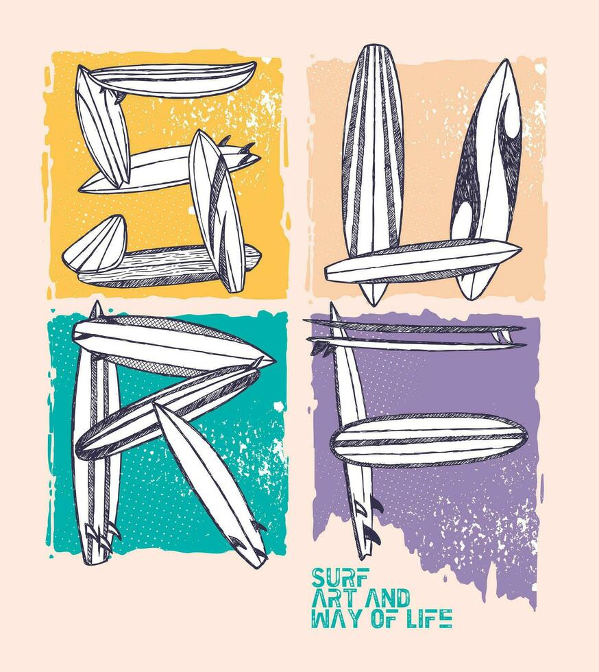 Vector illustration of the word surf formed by surfboards in sketch style.