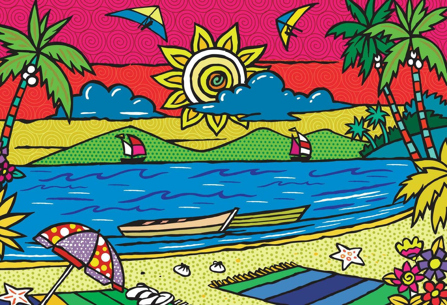 multicolor, vector ilustración de costero tropical paisaje.
