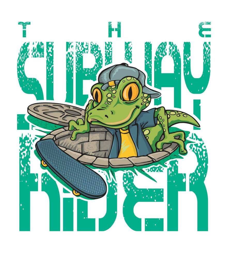 Hand-drawn vector illustration of a skateboarding lizard coming out of a manhole. Cartoon style art. Design for printing on t-shirts, posters, etc.