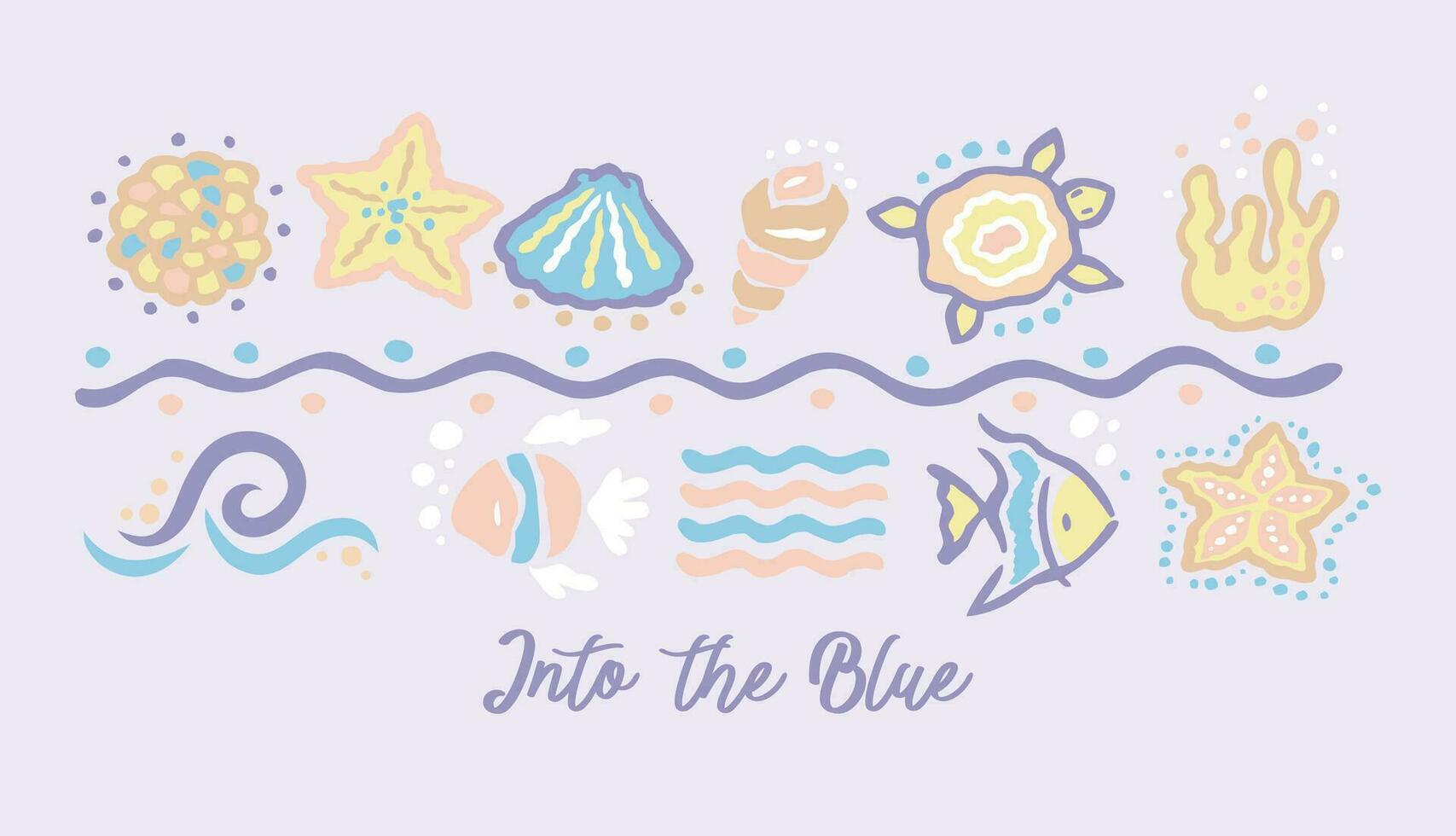 Handmade vector illustration of marine elements. Shells, fish, starfish, algae and turtle. Freestyle art with a stylized look.