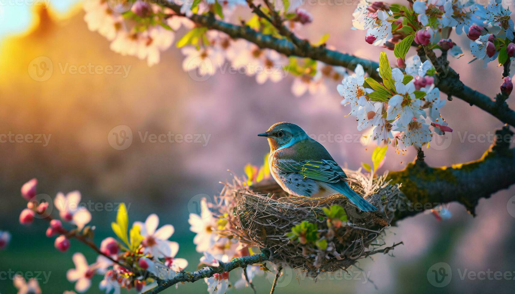 AI generated A beautiful bird rests in its nest amidst cherry blossoms that bloom in spring, with the warm glow of a setting sun. photo