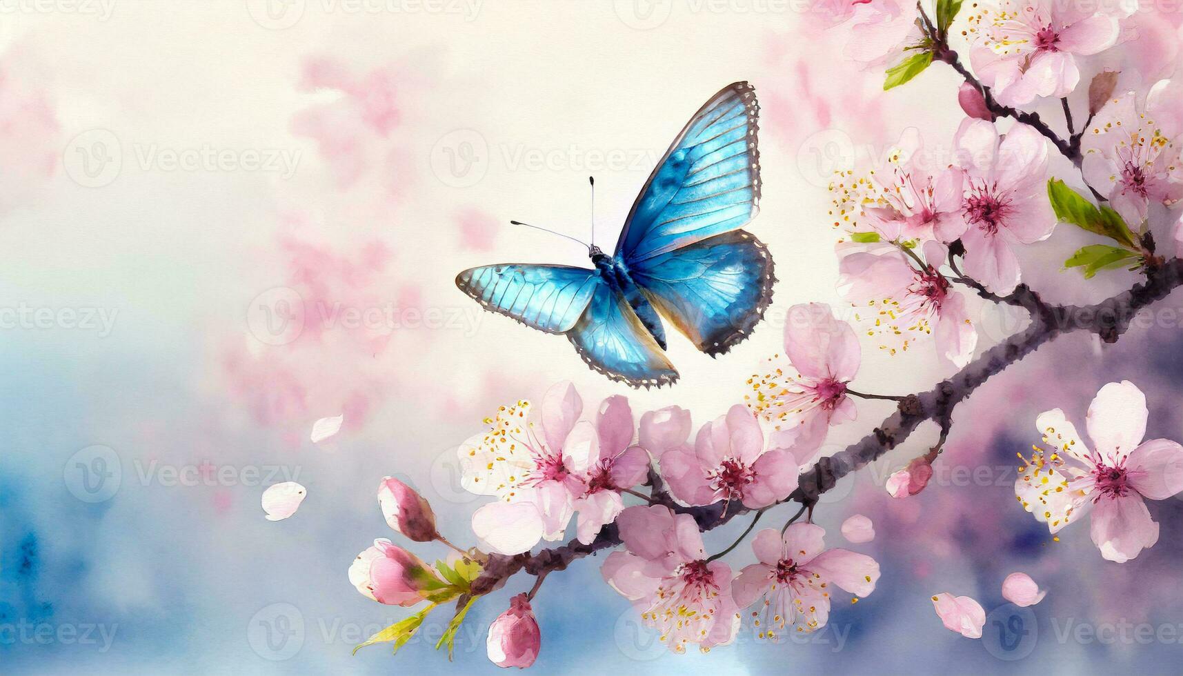 AI generated Water color paint of a blue butterfly flying on a pink cherry blossom, illuminated by soft sunlight, displays the beauty of spring photo