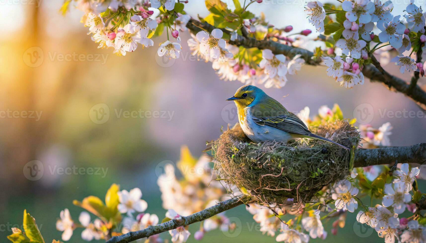 AI generated A beautiful bird rests in its nest amidst cherry blossoms that bloom in spring, with the warm glow of a setting sun. photo