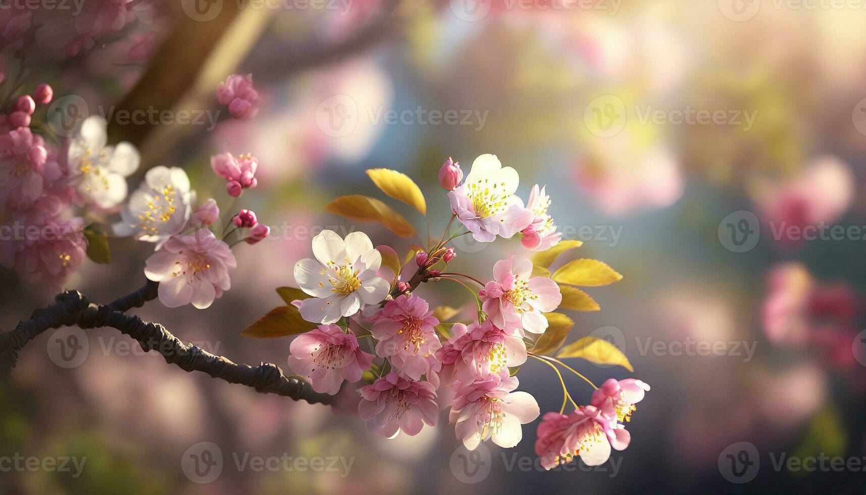 AI generated A close-up of pink cherry blossoms with a blurred background, highlighting the flowers delicate petals and stamens photo