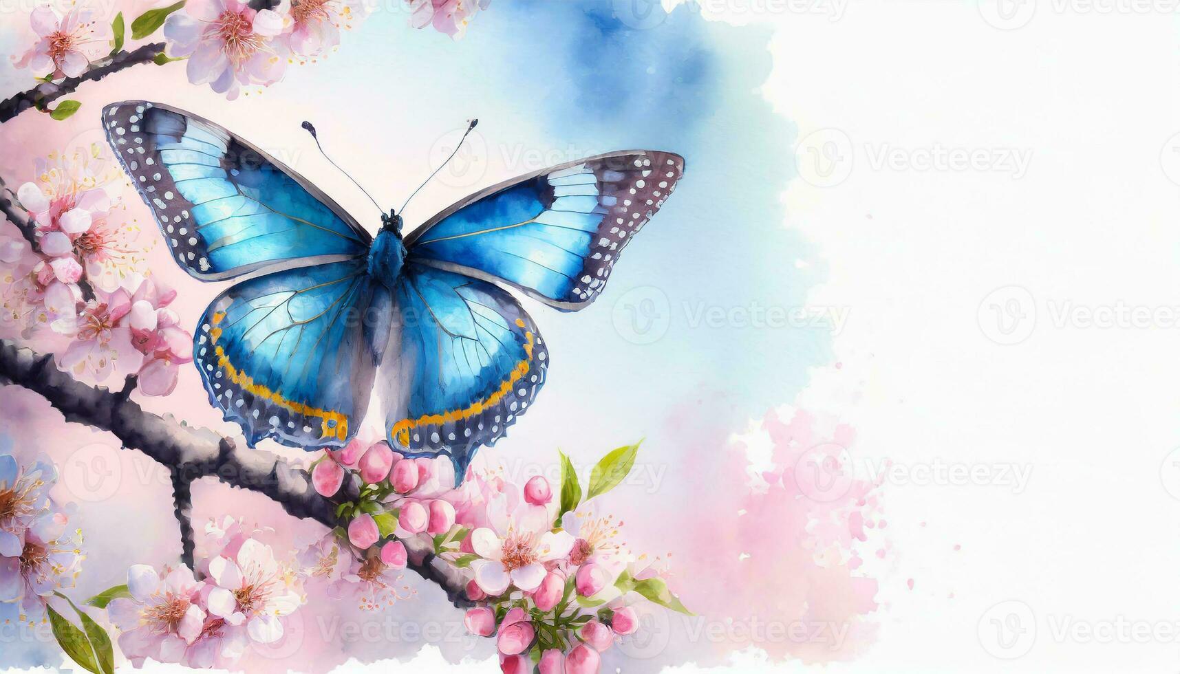 ai generado agua color pintar de un azul mariposa encaramado en un rosado Cereza florecer, iluminado por suave luz de sol, muestra el belleza de primavera foto