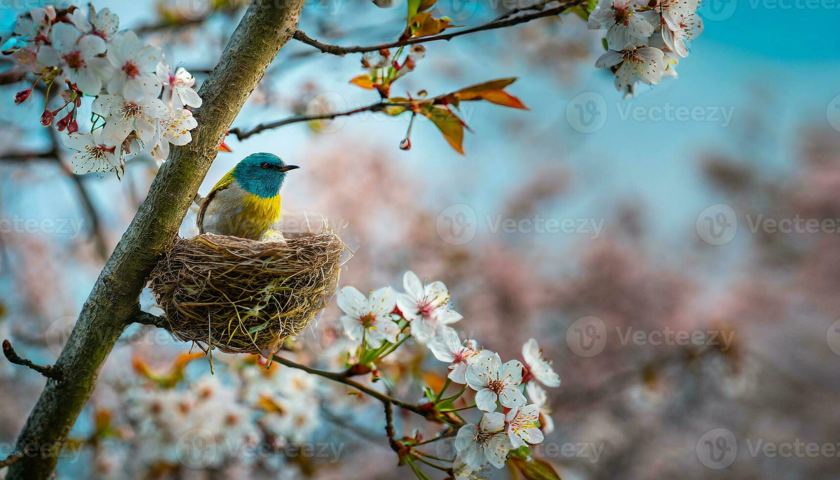 AI generated A tiny hummingbird rests in its nest amidst blooming cherry blossoms, portraying a peaceful spring scene photo