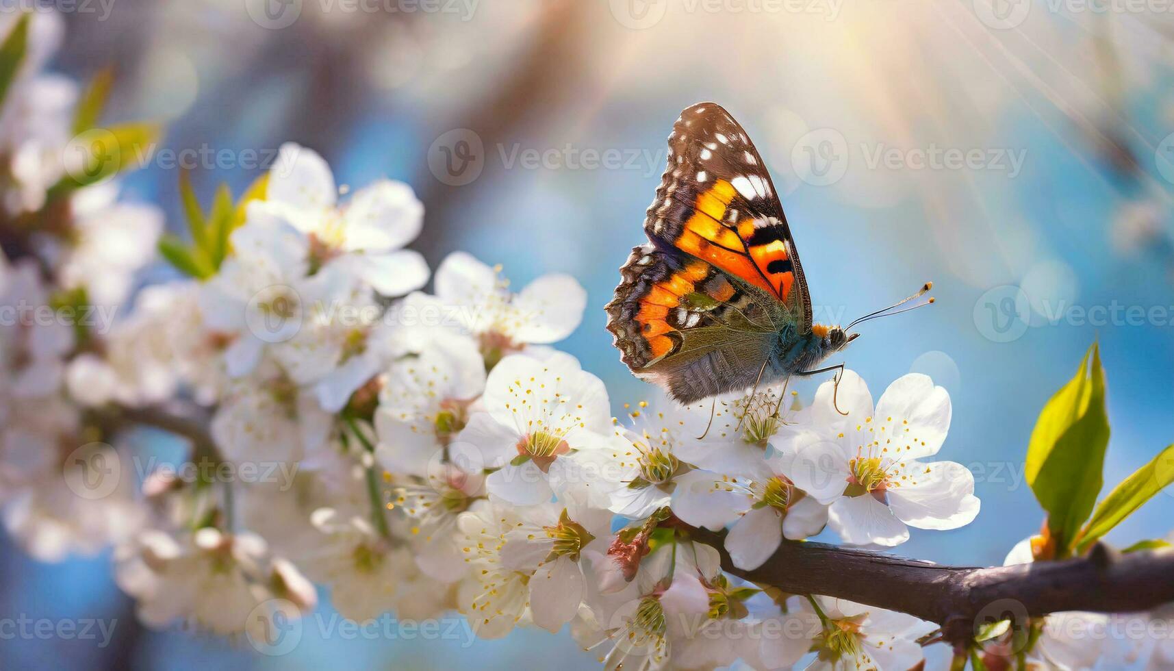 ai generado cerca arriba de un azul mariposa encaramado en un rama con blanco Cereza florecer, iluminado por suave luz de sol, muestra el belleza de primavera foto