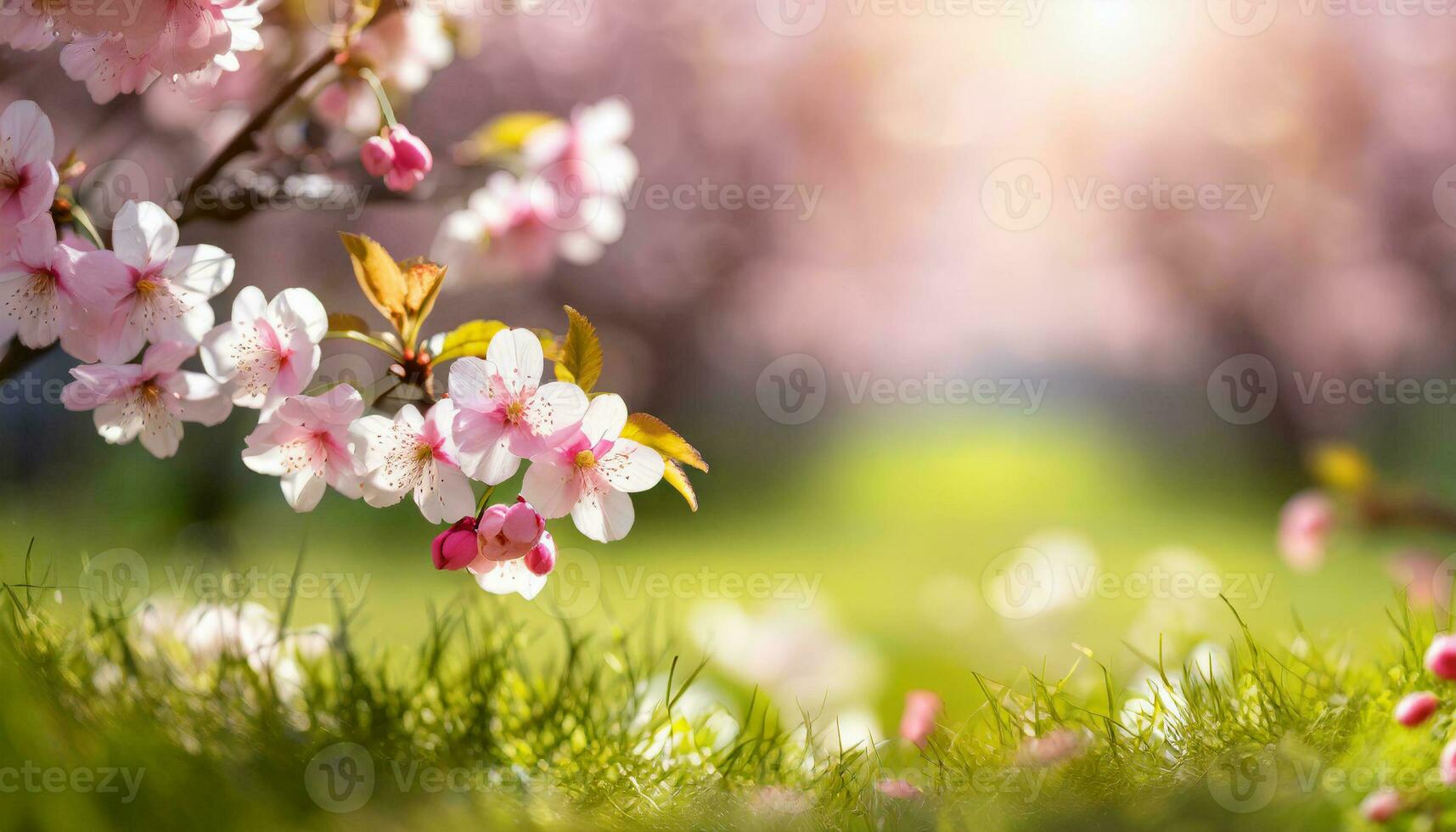 AI generated A serene view of pink cherry blossoms in full bloom, with sun rays filtering through the petals, illuminating a lush green grassy ground photo