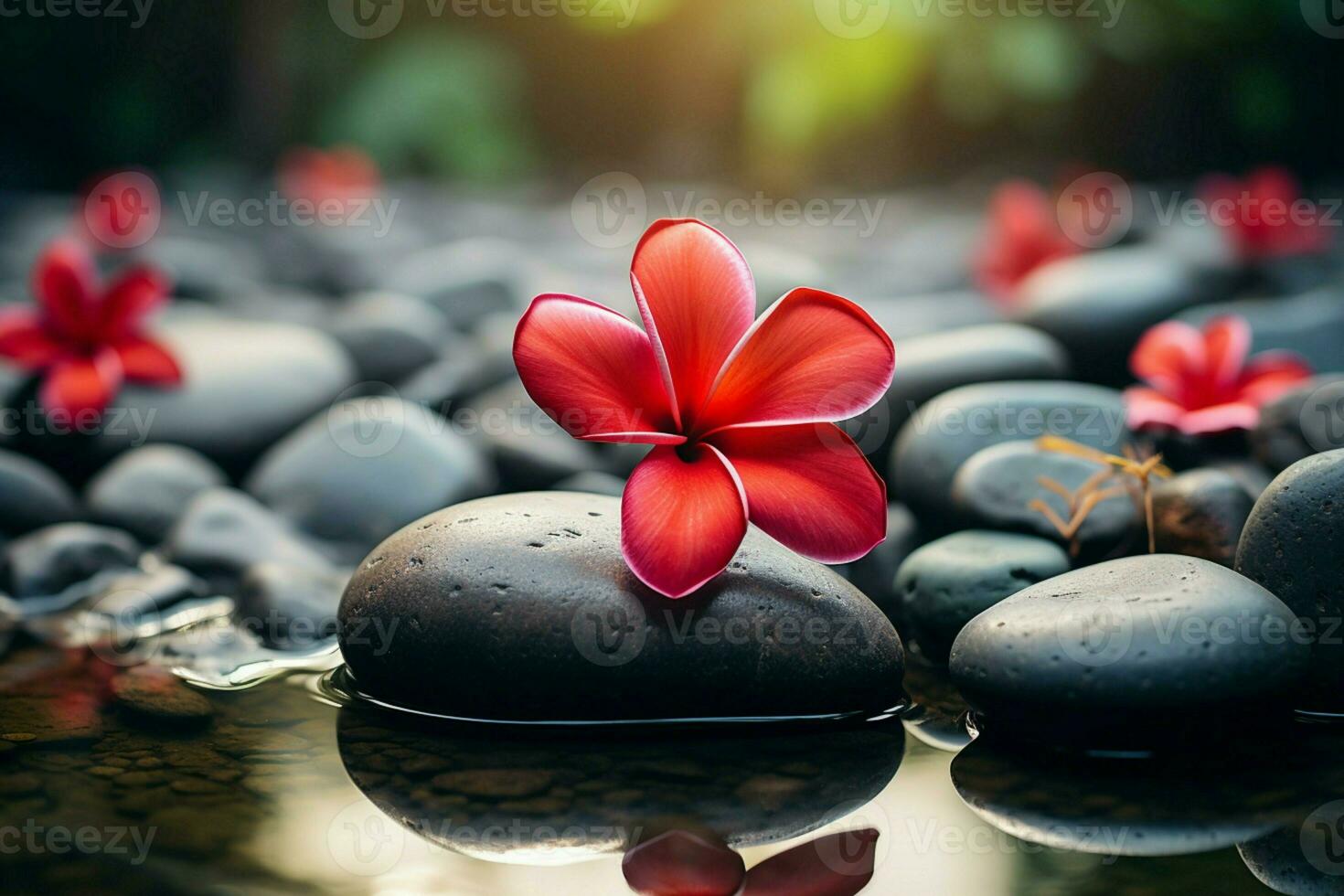 AI generated Tranquil spa scene red frangipani flower and soothing spa stones photo