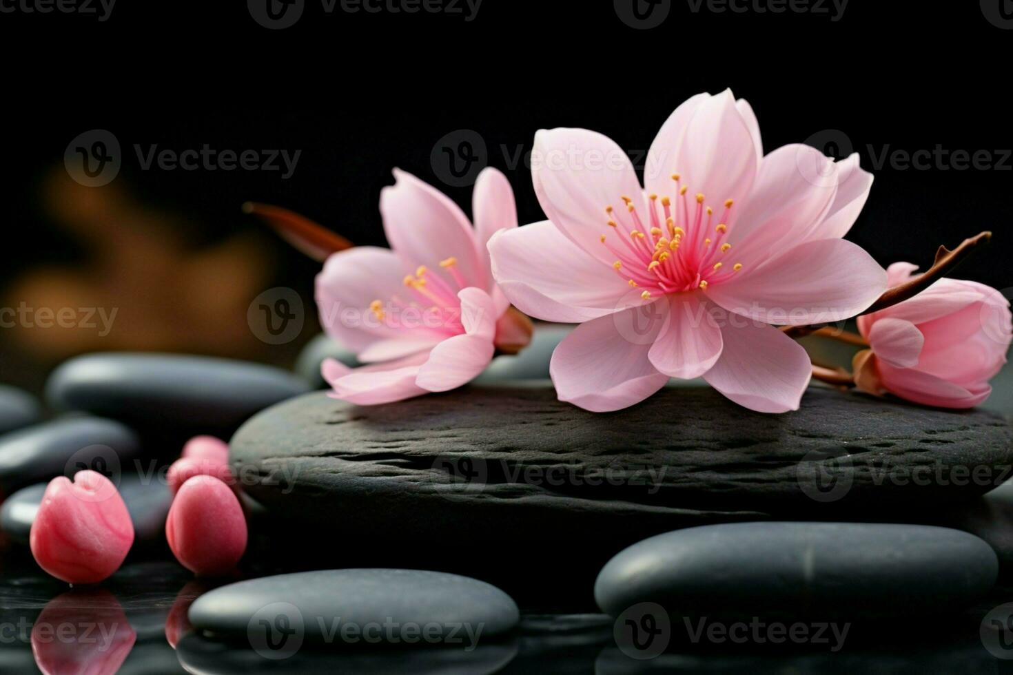 AI generated Zen stone with pink flower, creating a harmonious and serene scene photo