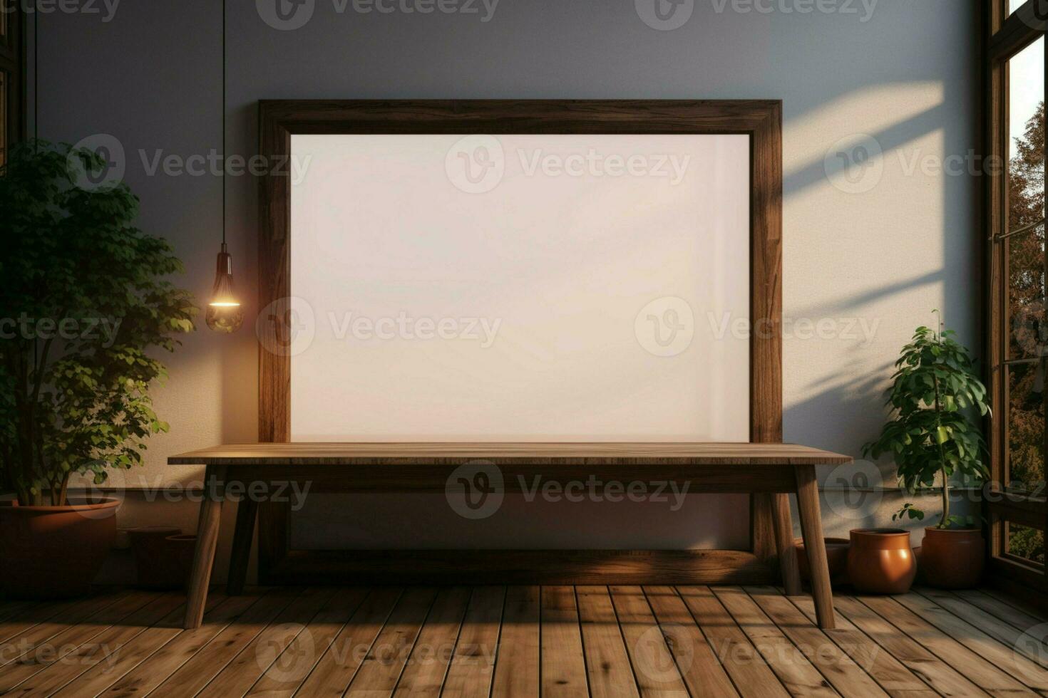 AI generated Artistic ambiance Mockup with large wooden frame, illuminated by window photo