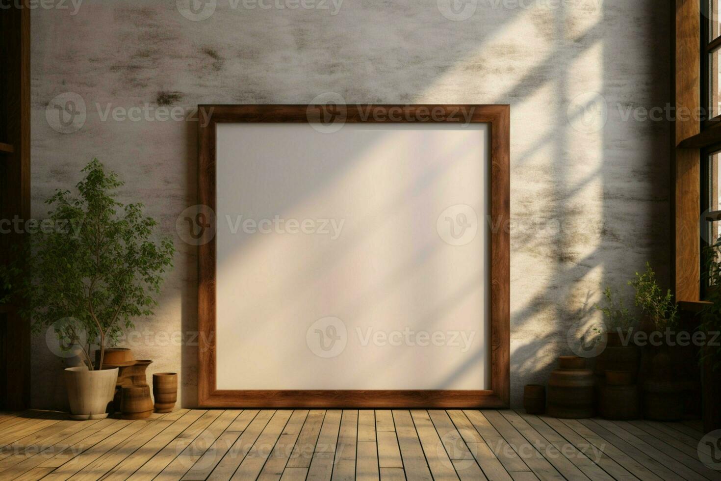 ai generado artístico ambiente Bosquejo con grande de madera marco, iluminado por ventana foto