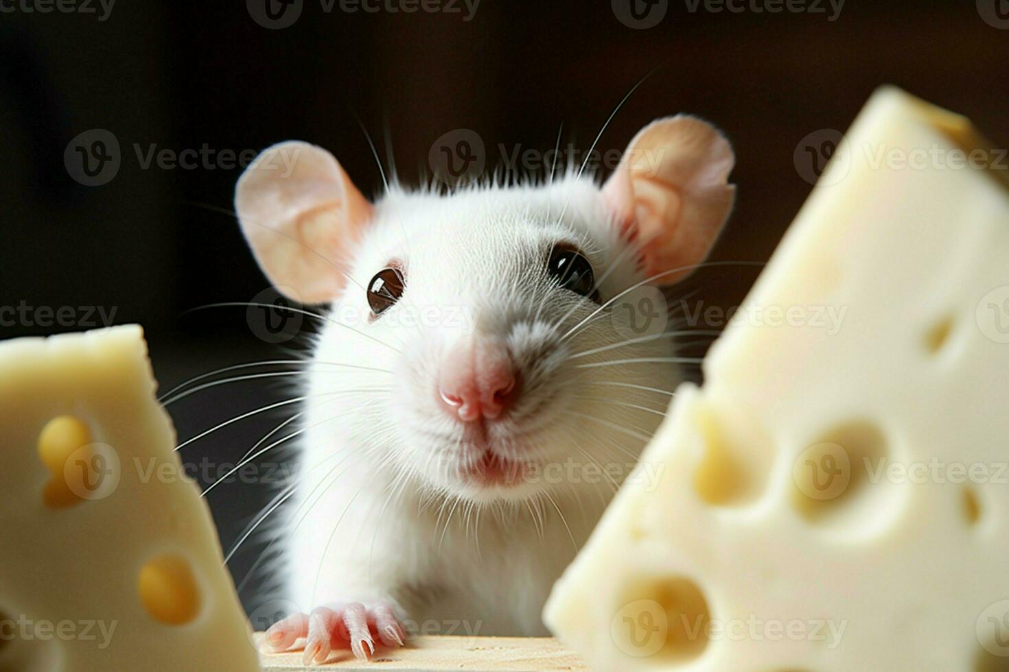 AI generated Adorable white rat with cheese, offering close up copy space photo