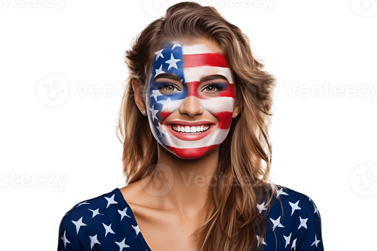 AI generated Happy Female American with Face Paint American Flag on Transparent Background. AI png