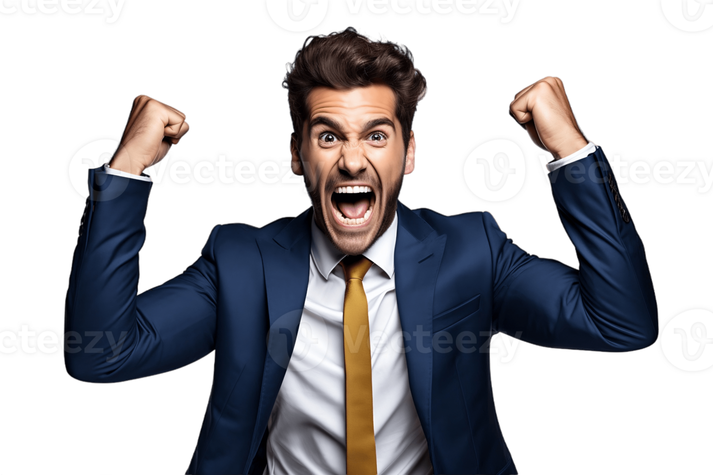 AI generated Successful Businessman Flexing Arms in Victory on Transparent Background. AI png