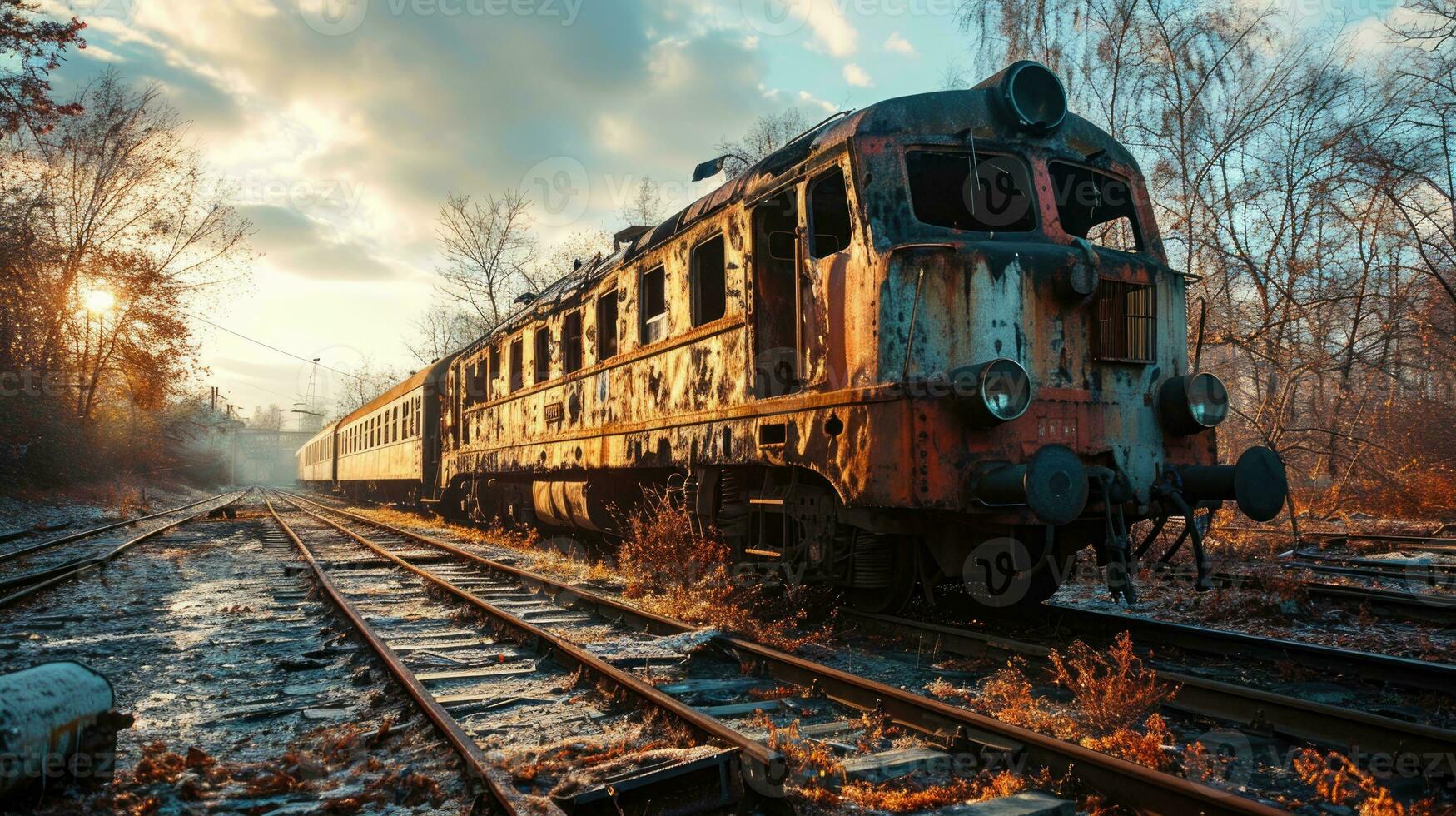 ai generado abandonado antiguo tren en ferrocarril pistas a puesta de sol. ferrocarril transporte foto